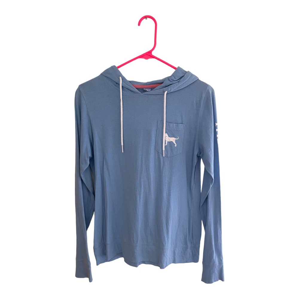 Small Black Dog hoodie t shirt in light blue.